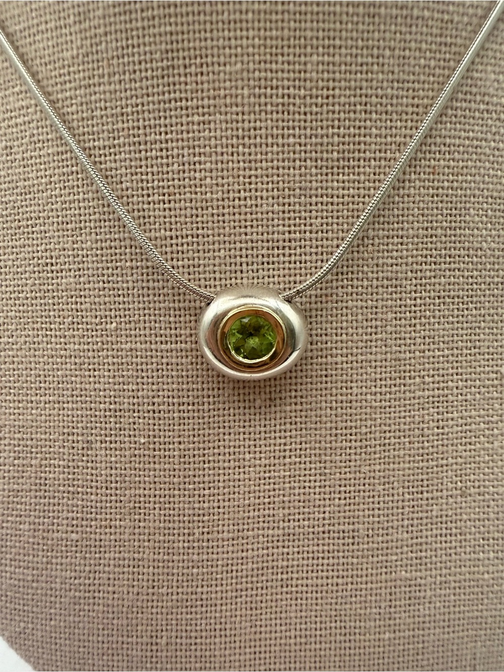 VTG Green Peridot Sterling Silver & Gold Bezel Pendant Necklace, Signed, Stamped